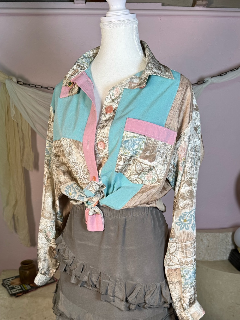 Handmade Patchwork Pastel Button Up Shirt Size L